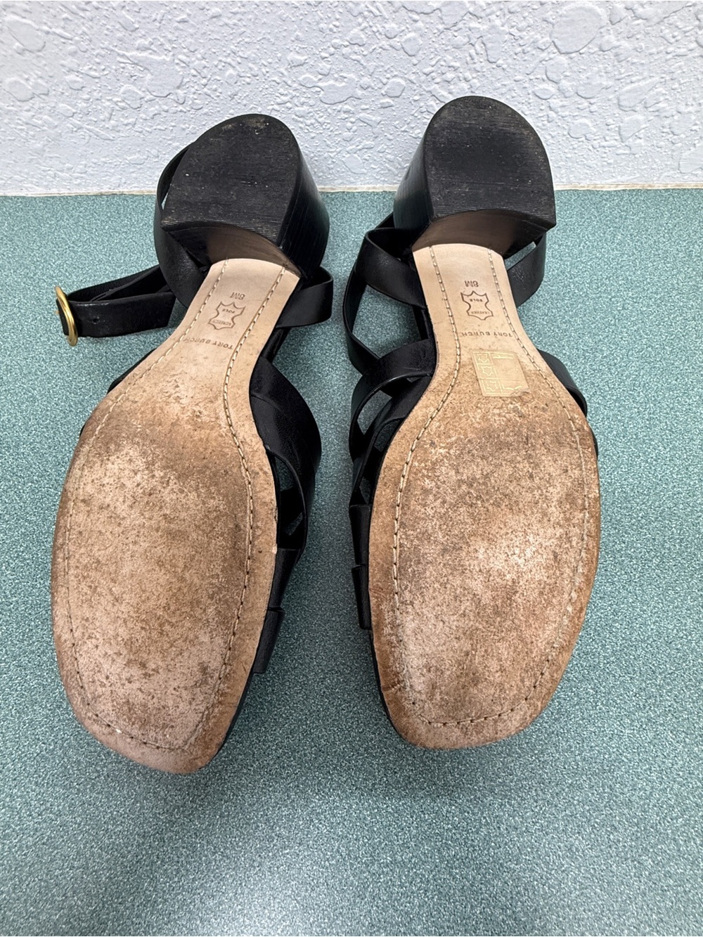 Tory Burch City Heel Ankle Strap Vachetta Leather Sandals Size 8 Perfect Black - Picture 9 of 16
